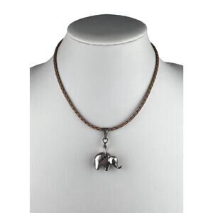 Vintage Elephant Pendant Mexico Sterling Silver Necklace Tan Braided Leather 16.